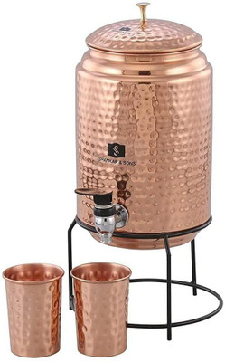 SHANKAR & SONS 5 Litre Copper Hammered Water Dispenser Matka with 2 Glass and Stand 5000 ml Bottom Loading Water Dispenser