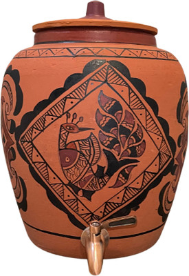 Mittify Handmade Red Clay Water Pot with Metal Tap | Peacock Design Water Pot 11L Bottom Loading Water Dispenser