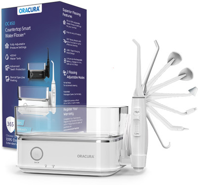 ORACURA OC450 Dental Smart PRO Countertop | 8 Nozzle Tip | 450ml Watertank (White) Water Flosser(Cordless)
