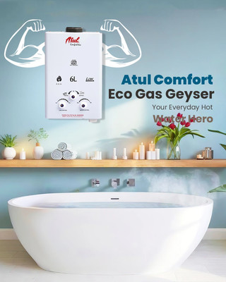 ATUL Compact hot shower unit for bathroom | Safe-Flo Plus | 6 L Gas Water Geyser(White)
