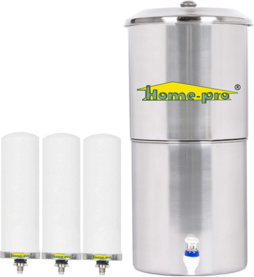 Home-pro Stainless Steel Water Filter | Non Electric | Long Ceramic Candle 3 | 27 L Gravity Based Water Purifier(Silver)