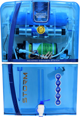 Earth Storm full Blue transparent Suitable For borewell, tanker, municipal water 12 L RO + UV + UF + TDS + Alkaline Water Purifier(Blue)