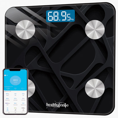 Healthgenie Smart Bluetooth Weight Machine 18 Body Composition Sync with Fitness Mobile App Weighing Scale(3D Web Black)