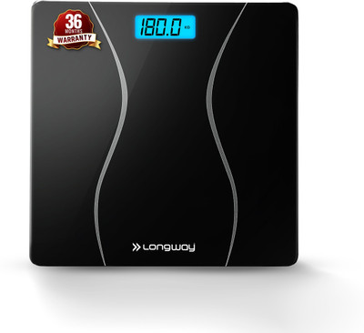 Longway Aura 180kg Weight Machine for Home | Extra Thick Tempered Glass with LCD Display Weighing Scale(Full Black)