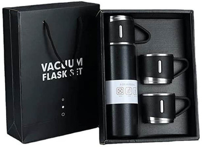 JestNest Vaccum Flask Set 3 Cups Hot & Cold (Giftset Multicolour) 500 ml Flask(Pack of 1, Black, Steel, Plastic)