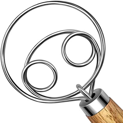 TYAG Danish Dough Whisk Stainless Steel Dutch Style Bread Dough Hand Mixer Blender Wood Spiral Whisk