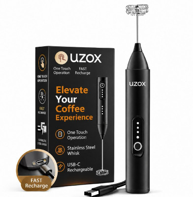 Uzox Rechargeable Milk Frother & Coffee Whisker with Dual Spring Tech Plastic Spiral Whisk