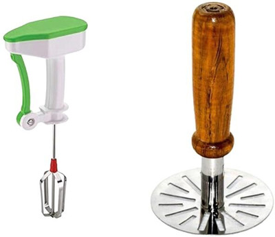 CREW4 CREW4 Kitchen Tools Combo Power Free Hand Blender and Steel Wooden Masher Steel Spiral Whisk