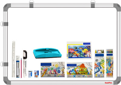 DeskFlex Non Magnetic Non Magnetic 1.5x2 Feet Double Sided Whiteboard & Chalkboard With Beginners Kit Whiteboards and Duster Combos(White & Green, Multicolored Duster)