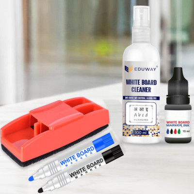 Eduway Magnetic Whiteboard Care Kit - Include 100ml Cleaning Spray, Black Marker Ink, 1 Plastic Duster, and 2 Markers (Black & Blue) | Complete Whiteboard Maintenance Kit. Whiteboards and Duster Combos(White)