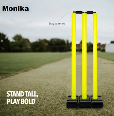 Monika Sports PVC Cricket Wicket Set /3Stump+2Bails+1 Solid Base(Yellow, Black)