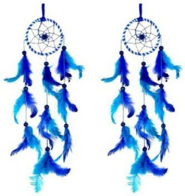 DHRUVTAR Feather Décor Dream Catcher Wall Hanging for Bedrooms Office Balcony Outdoors Feather, Wool Windchime(16.14 inch, Blue)