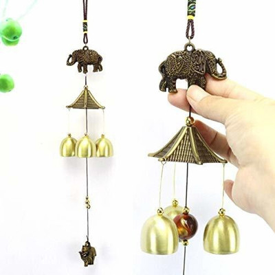 Pseudo Pseudo Metal ELEPHANT design Wind Chimes with 3 Bells,3 bells of Home Balcony Brass Windchime(20 inch, Gold)