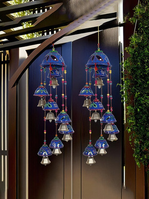 KUBER INDUSTRIES Rajasthani Handcrafted Hanging Windchimes|Latkan With 8 Bells Pack of 2 (Blue) Plastic Windchime(4 inch, Blue)