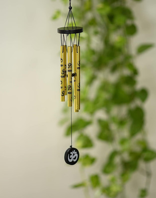 Divine Creations Feng Shui Metal Wind Chime with Om Print, 5 Pipes for Indoor & Outdoor Steel Windchime(16 inch, Gold)