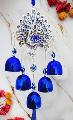 yogi Peakok Evil Eye Hanging Metal House Entrance Door & Office Decor Bronze Windchime(20 inch, Blue)