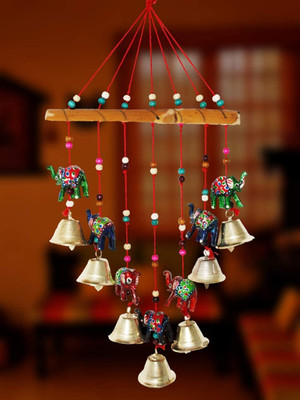 Ryme Elephant Handcrafted Rajasthani Wind Chime Door/Wall Hanging Wood Windchime(20 inch, Multicolor)