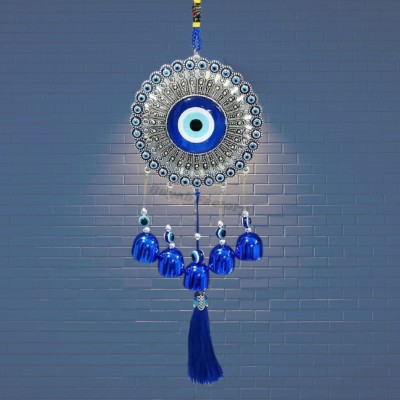 Buyab factory 5 Bells Evil Eye Hanging for Good Luck Prosperity Brass, Aluminium Windchime(17 inch, Silver, Blue)