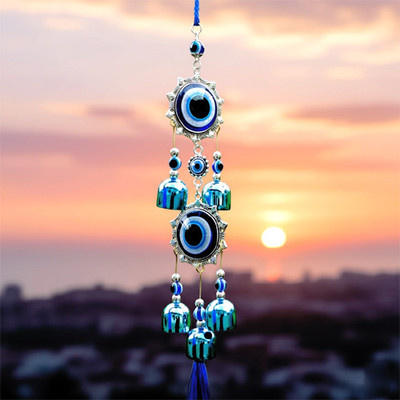 Global Reach Double Evil Eye 5 Bell Metal Wind Chimes Gives Health in you Home & Office Steel Windchime(15 inch, Blue)