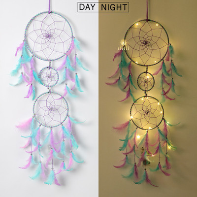 Dream Catcher with Lights Handmade Dreamcatcher Wall Hanging for Feather Dream Catcher(26.37 inch, Green, Purple)