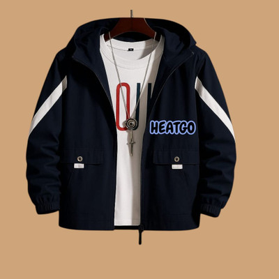 HEATGO MEN BLUE HODEED JACKET Striped Men Wind Cheater