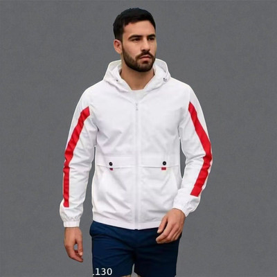 The Harry Hub Full Sleeve White Hodded with Red Strip Jacket Colorblock Men Wind Cheater