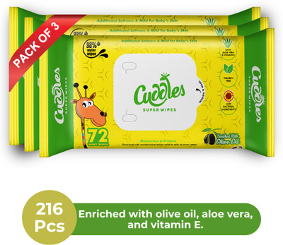 Cuddles SUPER WIPES Enriched with Aloevera, Olive Oil and Vitamin E (Pack of 3)(216 Wipes)