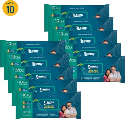 ELDURO Castor & AloeVera Bed Bath Adult Wipes For Body Sponging And Cleansing Pack of10(100 Wipes)