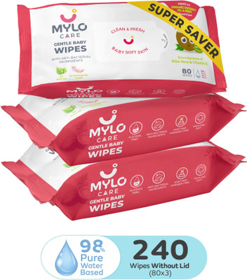 MYLO Baby Gentle Baby Wipes With 98% Pure Water, Organic Coconut Oil And Neem, No Lid (240 Wipes) For Rs. 208
