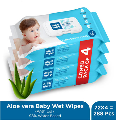 MeeMee Soft Cleansing Baby Wet wipes with Lid | Aloe vera -Pack of 4(288 Wipes)