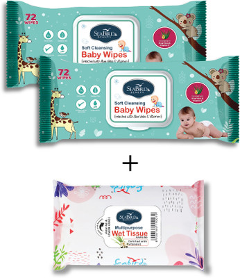 seabird Face Wipes for Dirt Removal Hand Cleansing LEMON Tissues & Baby Wet Wipes Combo(3 Tissues)