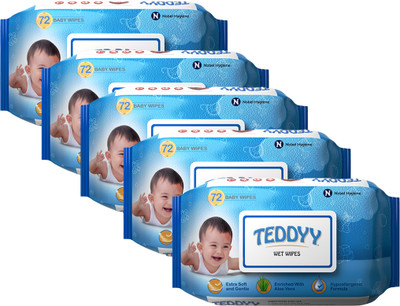 TEDDYY Baby Soft Wet Wipe With Lid | Pack Of 5 | With Aloe Vera And Vitamin E (360 Wipes) For Rs. 219 @ 78 %