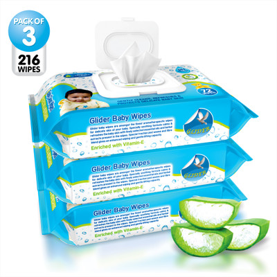 GLIDER Baby Wipes - with Moisture Lock Flip-Top , Contains Aloe Vera & Vitmain E , pH balanced with No Parabens & Chlorine - Pack of 3(216 Wipes)