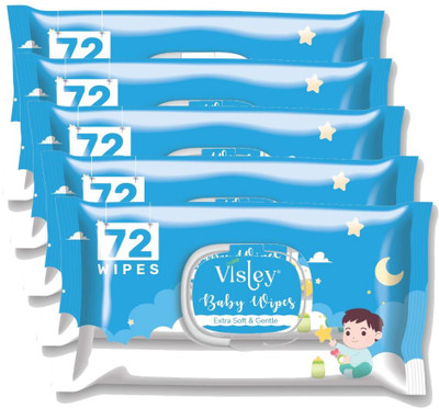 Visley Baby Extra Soft & Gentle Wet Wipes With Lid |Pack of 5, 72 Pcs.Per pack(360 Wipes)