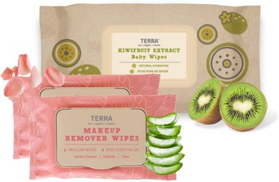 TERRA Wipes, 2 x 48 Piece Rose Makeup Remover Wipes & 70 Piece Kiwi Fruit Wipes(118 Wipes)