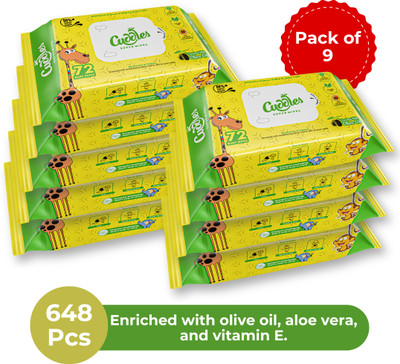 Cuddles SUPER WIPES Enriched with Aloevera, Olive Oil and Vitamin E (Pack of 9)(648 Wipes)