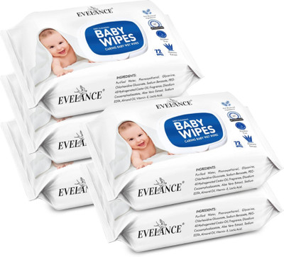 EVELANCE Caring Baby Wet Wipes with lid & Aloe Vera Extract| 72 Pieces|Pack Of 5(360 Wipes)