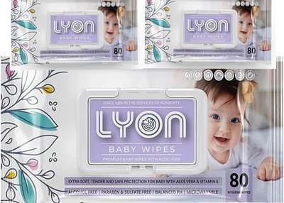 lyon Baby wet wipes with lid|Enriched with aloevera & vitamin E|Paraben&alcohol free(3 Wipes)