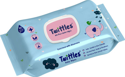 Twittles Soft Cleansing Baby Wipes Pack of 1, Aloe Vera Enriched & pH Balanced, With Lid(80 Wipes)
