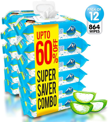 GLIDER Soft Baby Wipes with Fliptop | Aloe Vera & Vitamin E | Paraben Free | Pack of 12(864 Wipes)