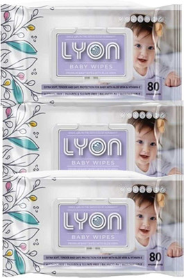 lyon baby wet wipes with lid enriched with aloe vera and vit e (80 wipes per pack)(3 Wipes)