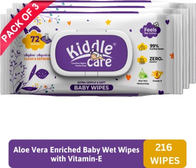 Kiddle Care Extra Gentle & Soft Baby Wipes with Lid | Aloe-Vera and Vitamin E (Pack of 3)(216 Wipes)