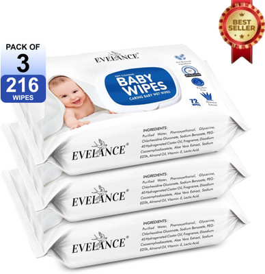 EVELANCE Baby Wipes 72 Sheets | Pack of 3 With Lid(216 Wipes)