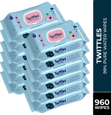 Twittles Soft Cleansing Baby Wipes Pack of 12, Aloe Vera Enriched & pH Balanced, With Lid(960 Wipes)