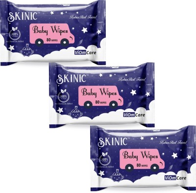 skinic Herbal Baby Wipes | Aclohol Free | Chemical Free | Paraben Free | Pack of 3 (80 Pieces)(3 Wipes)