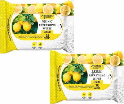 skinic Herbal Facial Wipes with Lemon Fragrance | Alcohol Free (25 Pulls) PACK OF 2(2 Wipes)