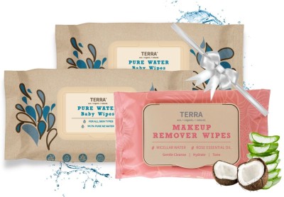 TERRA Wipes, 2 Pack 70 Piece Baby Water & 24 Piece Rose Makeup Remover Wipes Pack of 3(164 Wipes)