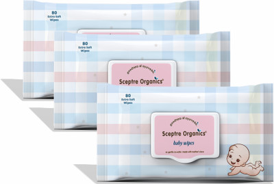 Sceptre Organics Soft Wet Baby Wipes with Aloe Vera Extract of Almond & Castor Oil|Pack 3*80 Wipe(180 Wipes)