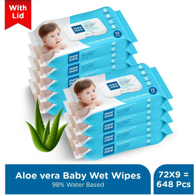 MeeMee Soft Cleansing Baby Wet wipes with Lid | Aloe vera - Pack of 9(648 Wipes)