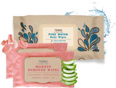 TERRA Wipes, 2x 48 Piece Rose Extract Makeup Remover Wipes & 70 Piece Baby Water Wipes(118 Wipes)